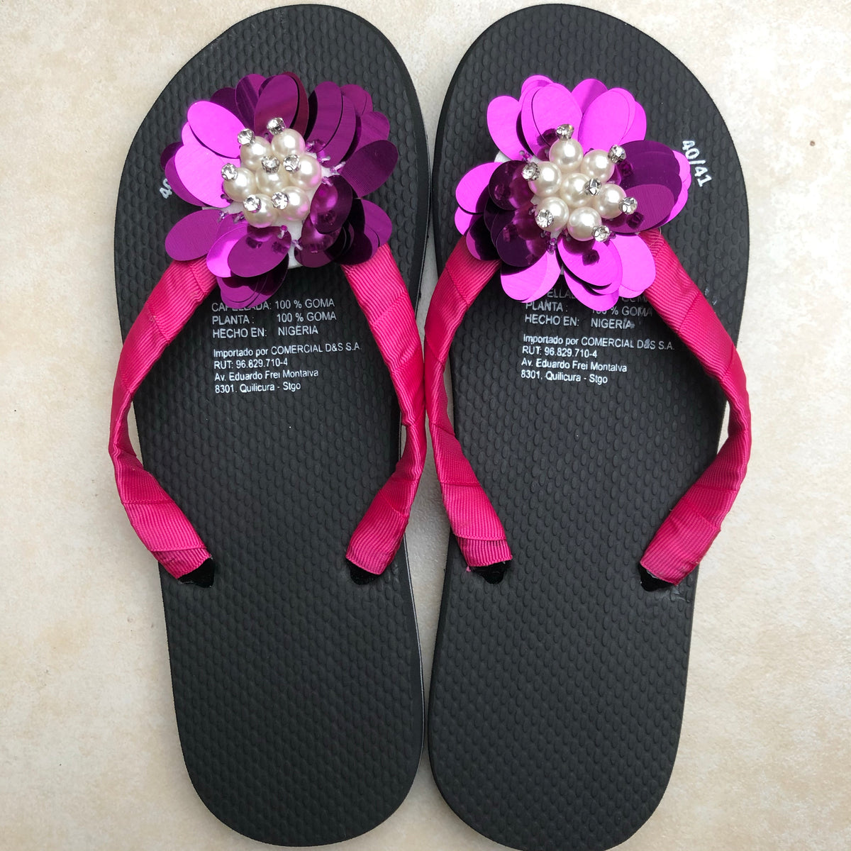 Fuchsia Pink with Crystal Pearls Flip Flops