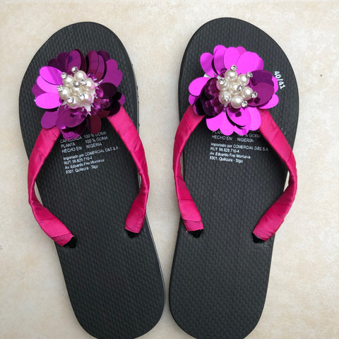 Fuchsia Pink with Crystal Pearls Flip Flops